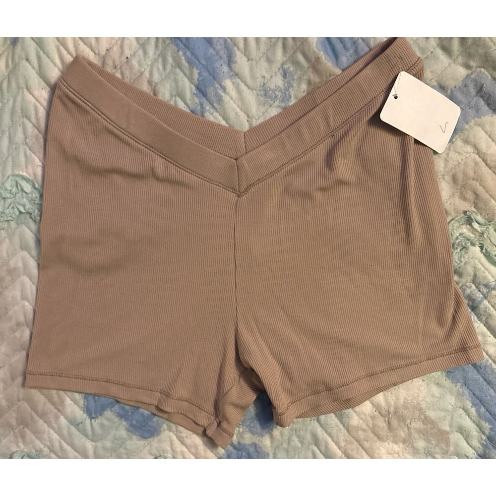 NEW Vivisoo V Waistband Ribbed Yoga Shorts, Beige, Large‎